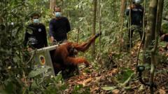 Image from linked report: Watch: Endangered orangutans released back into the wild after Borneo fires