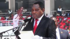 Source-feed image associated with Zambia's president sworn in for second term while opponent detained