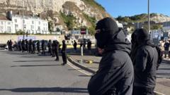Source-feed image associated with Disruption at Port of Dover as masked 'stop the boats' protesters block roads