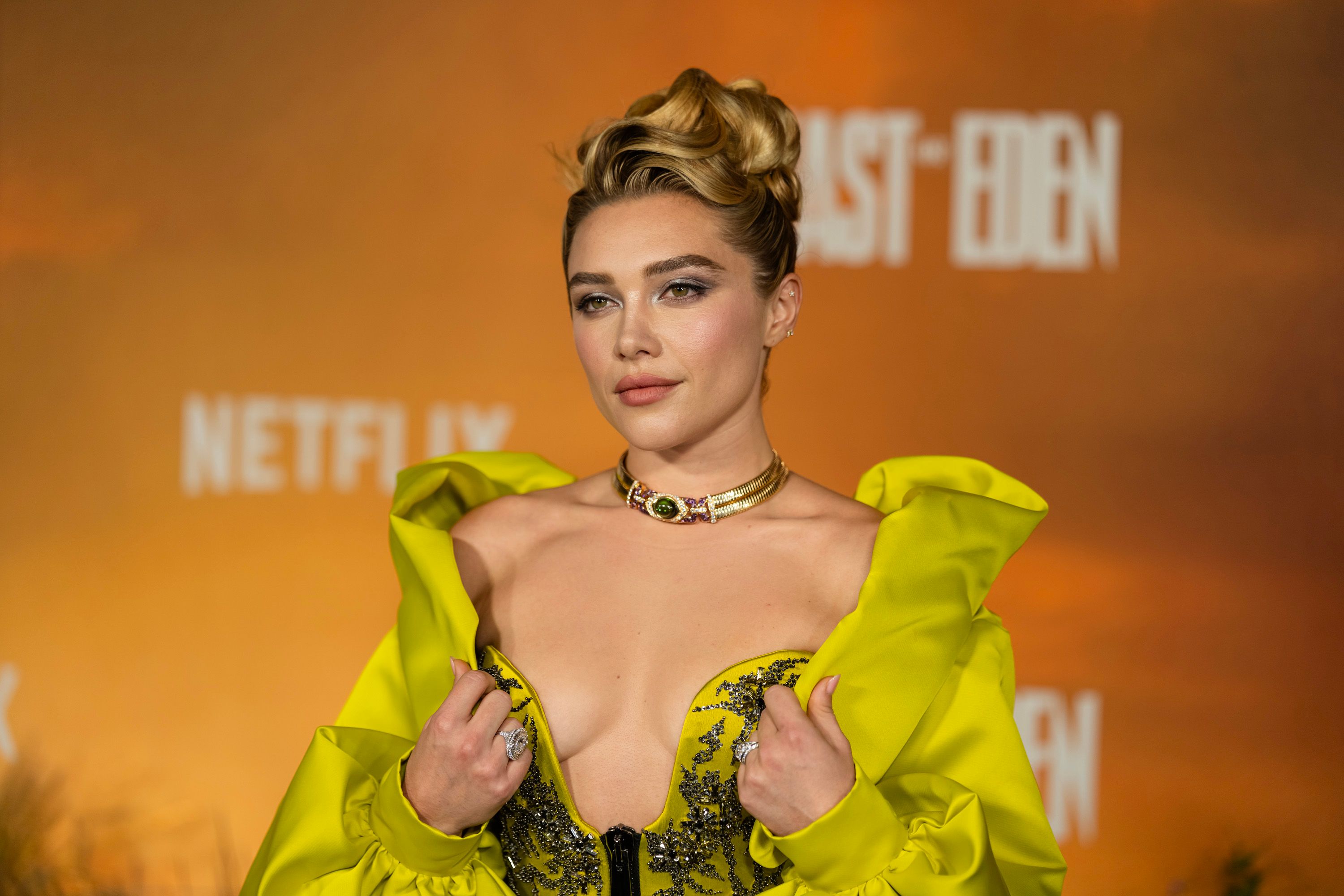 Image from linked report: Florence Pugh’s Take on Fall’s Most Divisive Shade Is a Historical Bombshell