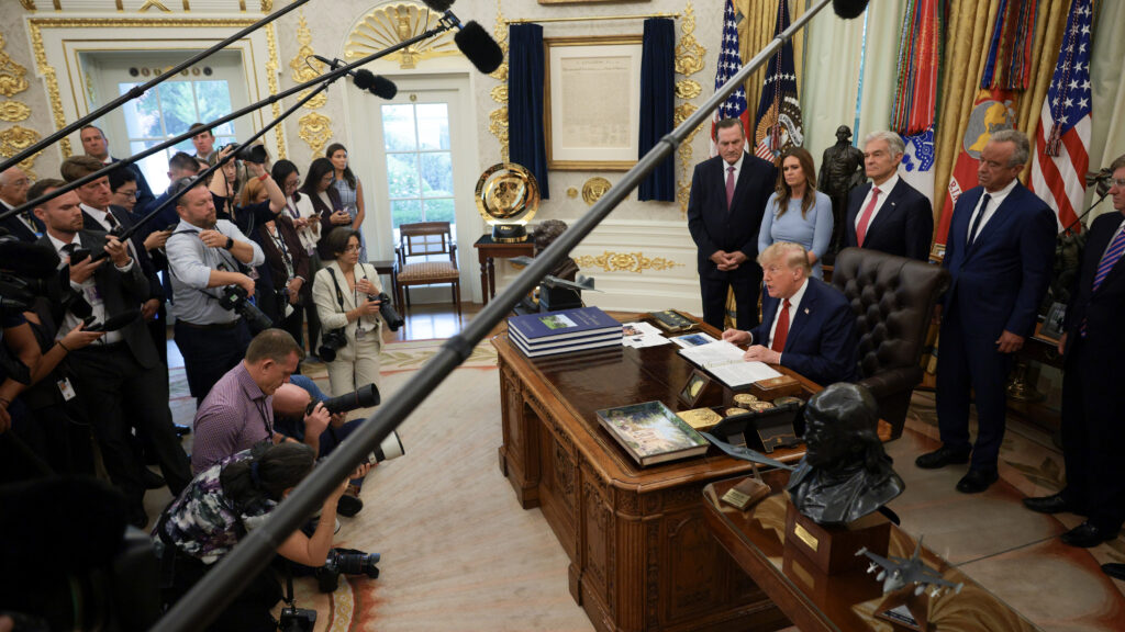 Source-feed image associated with STAT+: Trump touts pharma deals to offer cheaper drugs to state Medicaid programs