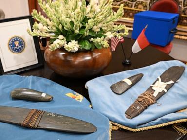 Source-feed image associated with FBI Director Patel returns looted cultural artifacts to Indonesian President Prabowo