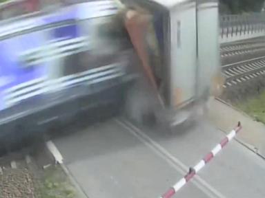 Source-feed image associated with WATCH: Video shows train in Poland slam into big rig stuck on tracks