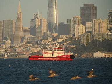 Source-feed image associated with 1 missing and 17 rescued after a boat fire near Alcatraz Island off San Francisco