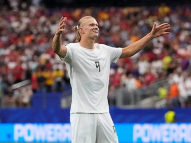 Source-feed image associated with Haaland nets game-winner as Norway wins a World Cup knockout game