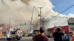 Source-feed image associated with Massive Los Angeles warehouse fire burns for fifth day