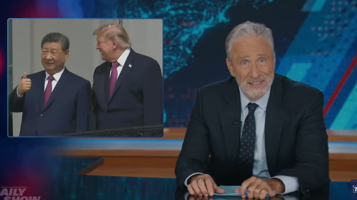 Image from linked report: Jon Stewart Takes Aim at Trump’s Meeting With China’s President: ‘How Does America Even Stay on the Map?’