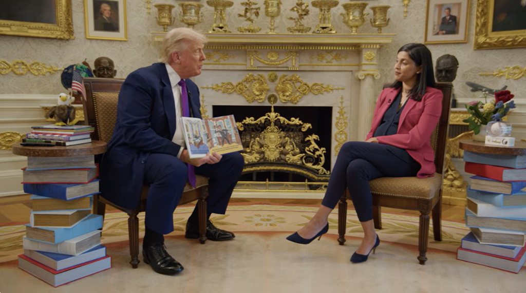 Source-feed image associated with Trump reads a children's book on second lady Usha Vance's podcast, then riffs on past presidents and himself