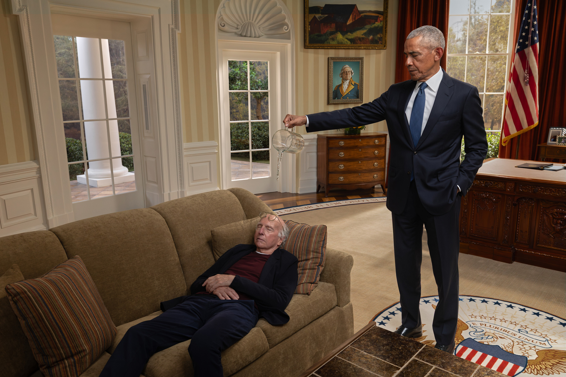 Source-feed image associated with Behind the Scenes of Obama’s Acting Cameo in ‘Life, Larry’: Blaming Larry David for His Tan Suit Debacle, Improvising Lines and Ranting About Ketchup