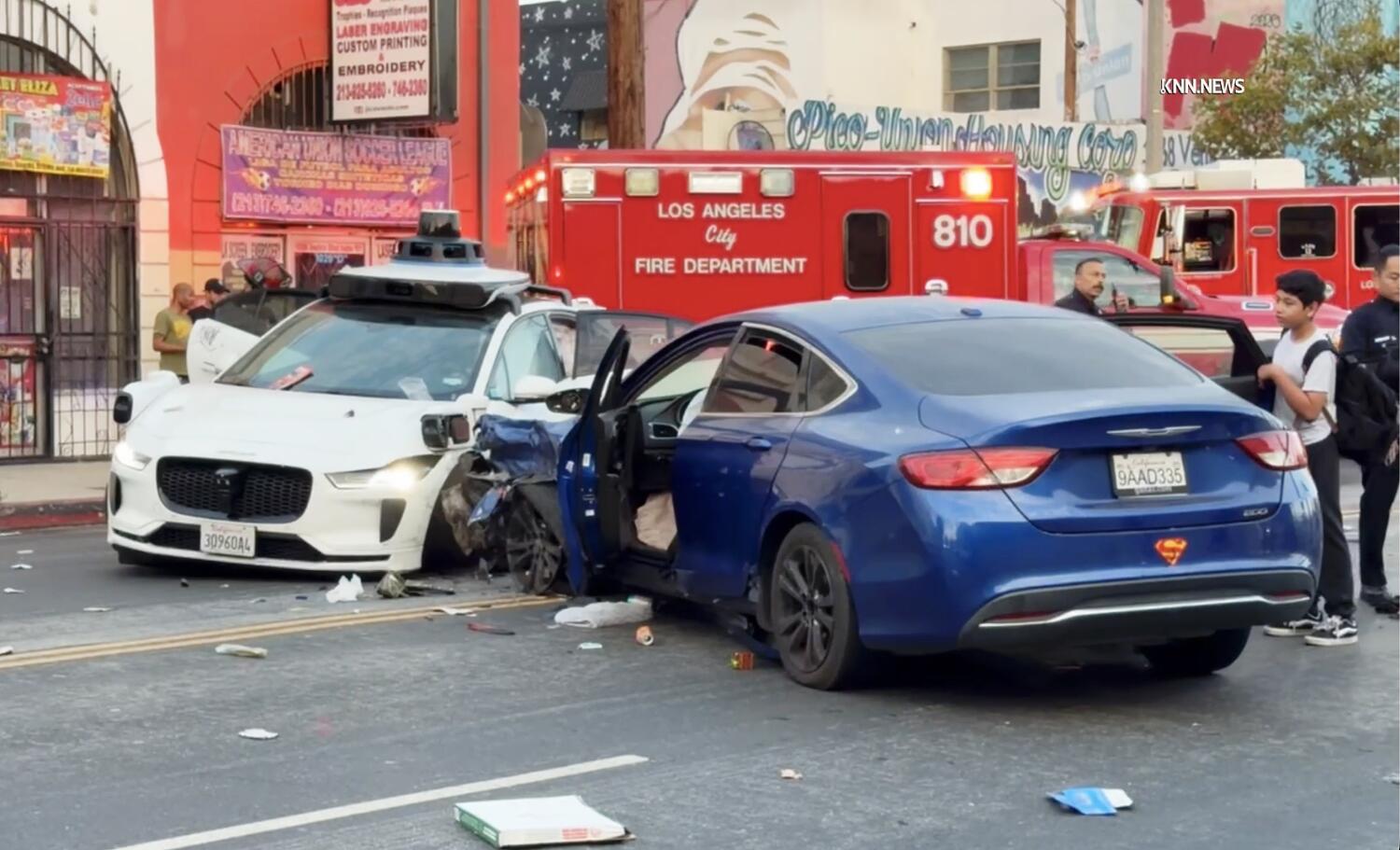 Source-feed image associated with Multiple people injured in collision involving Waymo near downtown L.A.