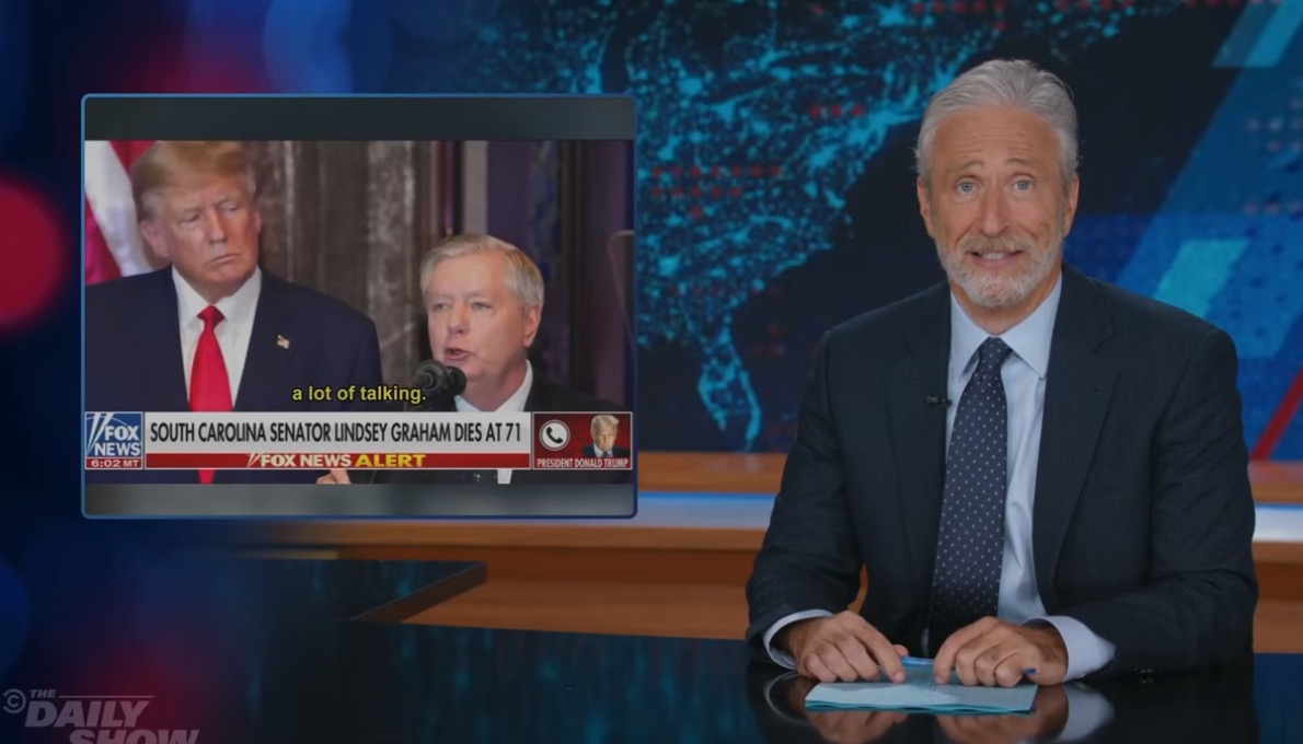 Source-feed image associated with Jon Stewart Slams Donald Trump’s Reaction to Lindsey Graham’s Death