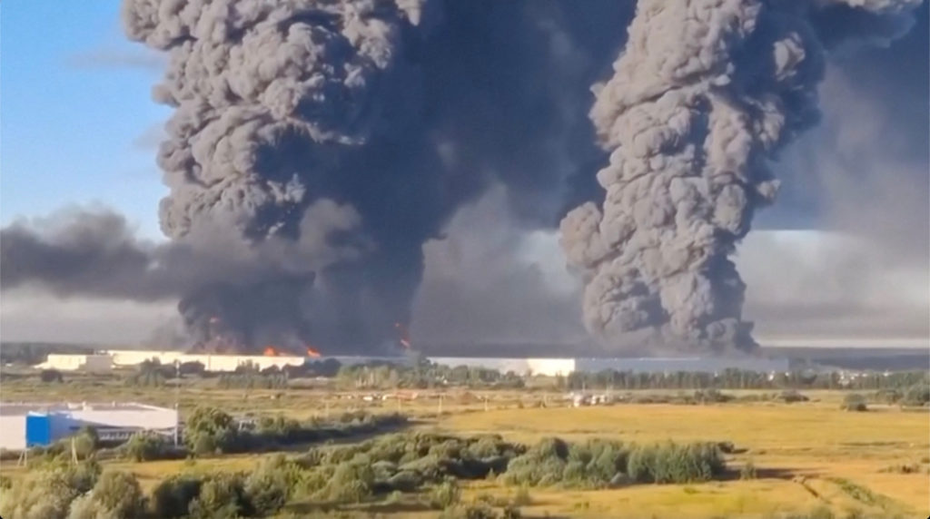 Source-feed image associated with Ukrainian drones hit warehouses and other sites across Russia, killing 9 and wounding over 60