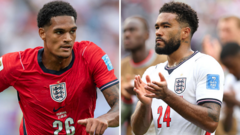 Source-feed image associated with England right-backs Quansah and James miss training