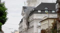 Source-feed image associated with Russia hits Ukrainian security headquarters in drone attack, Zelensky says
