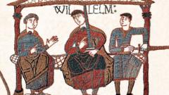 Source-feed image associated with King Charles, Macron and Burnham to preview Bayeux Tapestry display
