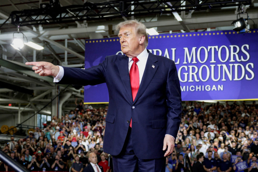 Source-feed image associated with WATCH: Trump defends his economic policies and tariffs during Michigan visit to General Motors