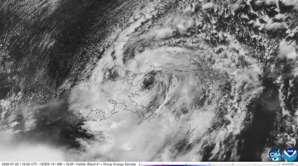 Source-feed image associated with Tropical Storm Bertha makes landfall on southern Louisiana with threatening winds