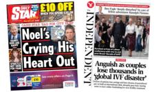 Image from linked report: The Papers: 'Noel's crying his heart out' and 'global IVF disaster'