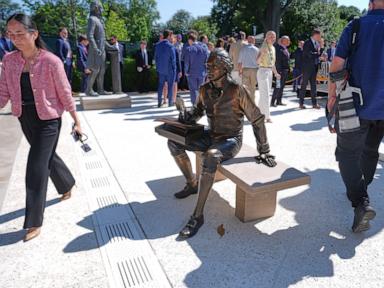 Source-feed image associated with Inside Trump's remake of the White House Rose Garden. First a stone patio, then statues