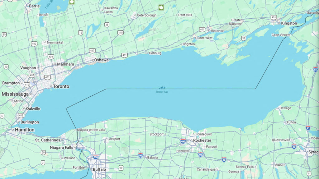 Source-feed image associated with Lake Ontario now called Lake America on Google Maps for U.S. users after Trump ordered name change