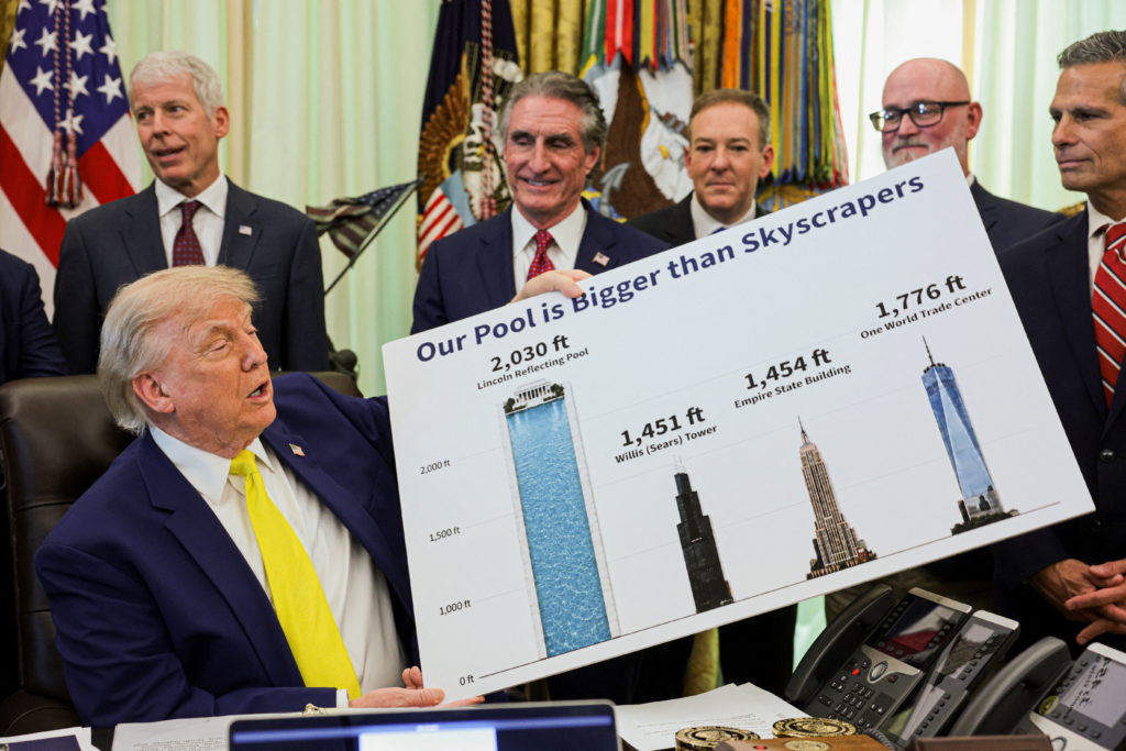 Source-feed image associated with Trump talks about the Reflecting Pool and White House ballroom a lot. Here's exactly how much