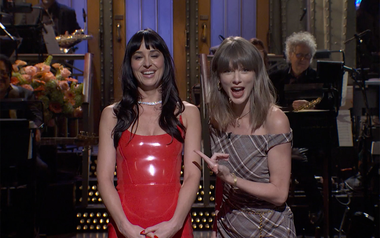 Image from linked report: Taylor Swift Crashes Dakota Johnson’s ‘SNL’ Monologue as Her Breakup Therapist, Shows Travis Kelce Love with Cleveland Shoutout