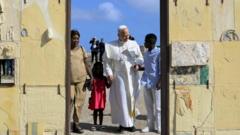 Source-feed image associated with Pope urges Europe to do more for migrants as he visits gateway island