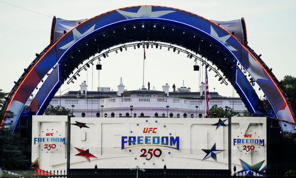 Source-feed image associated with Trump celebrates 80th birthday with UFC fights while issues loom over his presidency