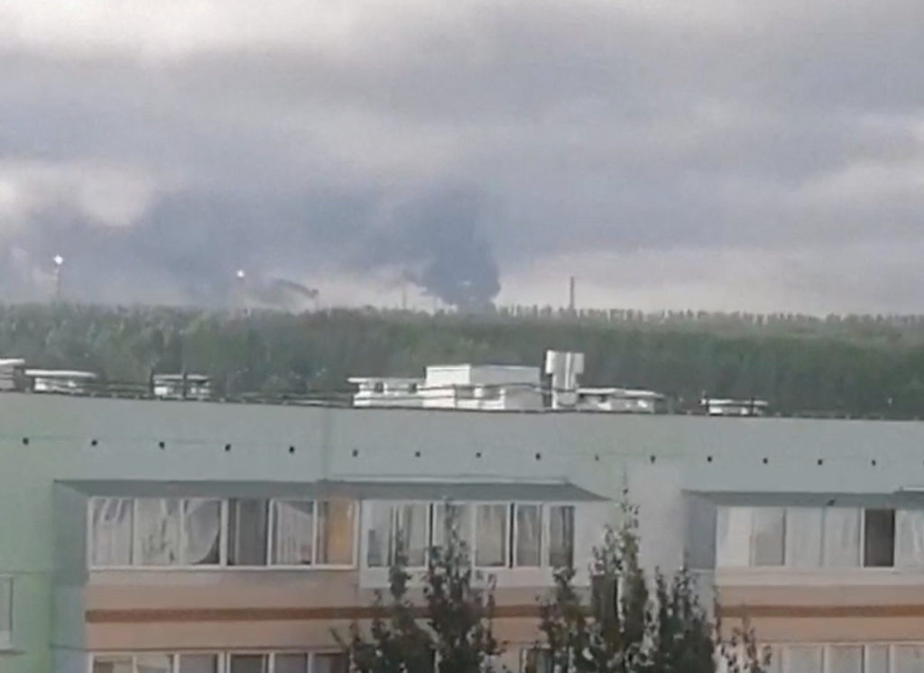 Source-feed image associated with Ukrainian drone attack on oil hub deep inside Russia kills 13, official says