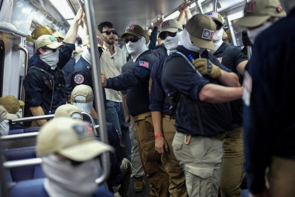 Source-feed image associated with Metro rider recounts encounter with Patriot Front members in D.C.