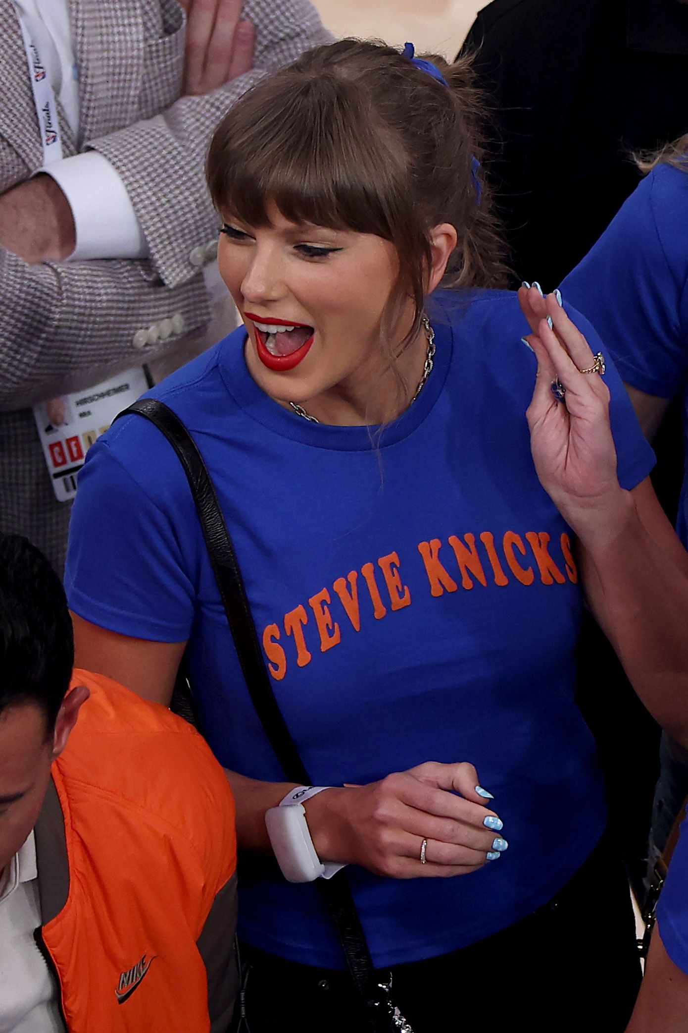Source-feed image associated with Taylor Swift’s ‘Stevie Knicks’ Shirt at Game 4 of the NBA Finals Is So Important to Me