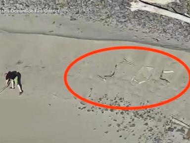 Image from linked report: WATCH: Stranded tourists spell ‘SOS’ on Oregon beach