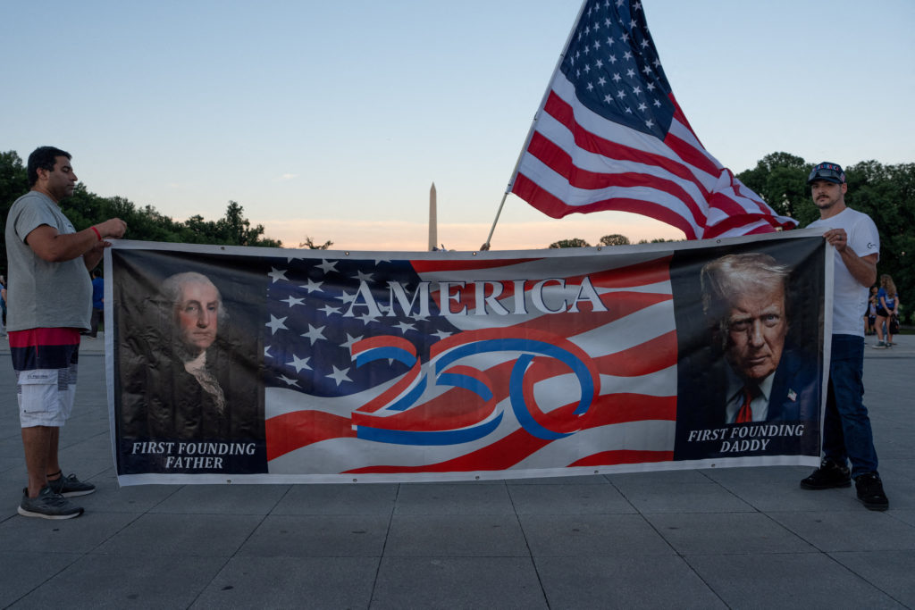 Source-feed image associated with Stealth bomber flyovers, military bands and a presidential speech: Trump turns America 250 kickoff into a campaign-style rally