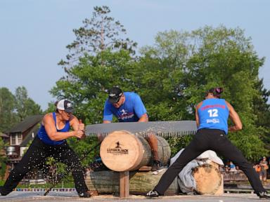 Source-feed image associated with 3 women's world records set at the annual Lumberjack World Championships in Wisconsin