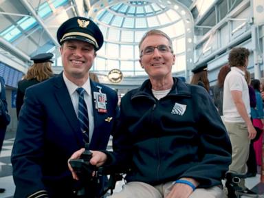 Source-feed image associated with WATCH: David Muir shares how son helped dad on retirement flight after ALS cut career short