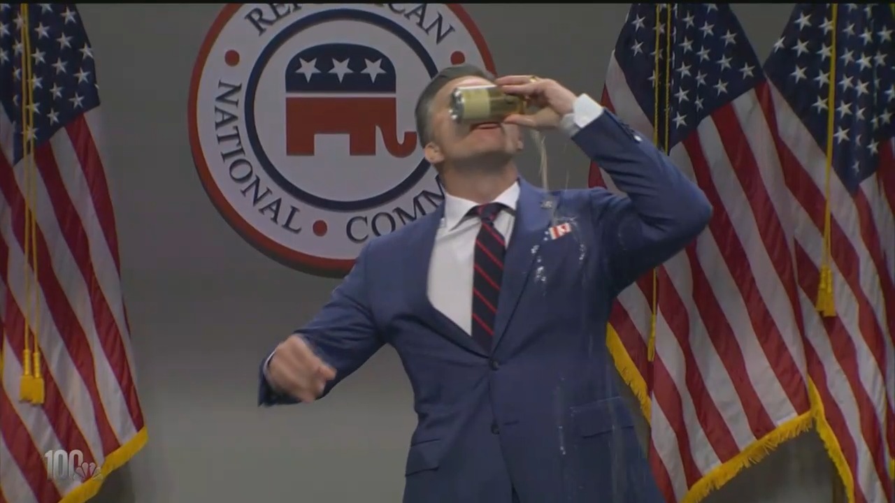 Image from linked report: Pete Hegseth Chugs ‘Spider-Man’s Non-Alcoholic B—- Beer’ in ‘SNL’ Cold Open That Mocks Tom Holland, Mitch McConnell and JD Vance