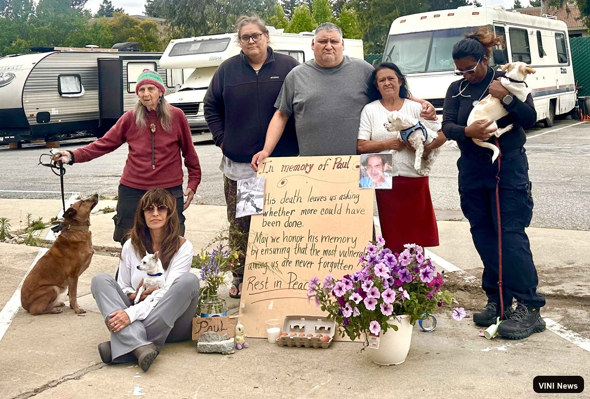 Residents gathered at a May 29, 2026 memorial for Paul A. at the Geng safe-parking site